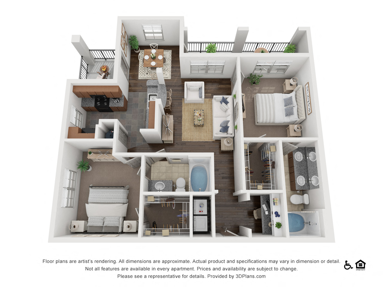 Floor plan for 2 beds, 2 baths, 1164 sqft